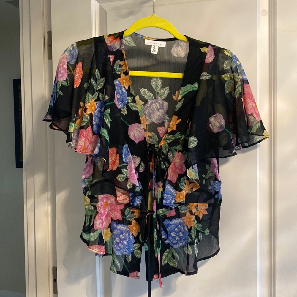 TOPSHOP black floral tie front blouse